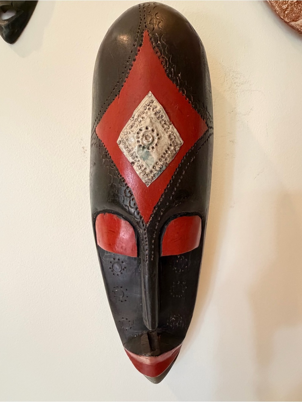 Handcrafted African Wall Mask with Red and Black Accents